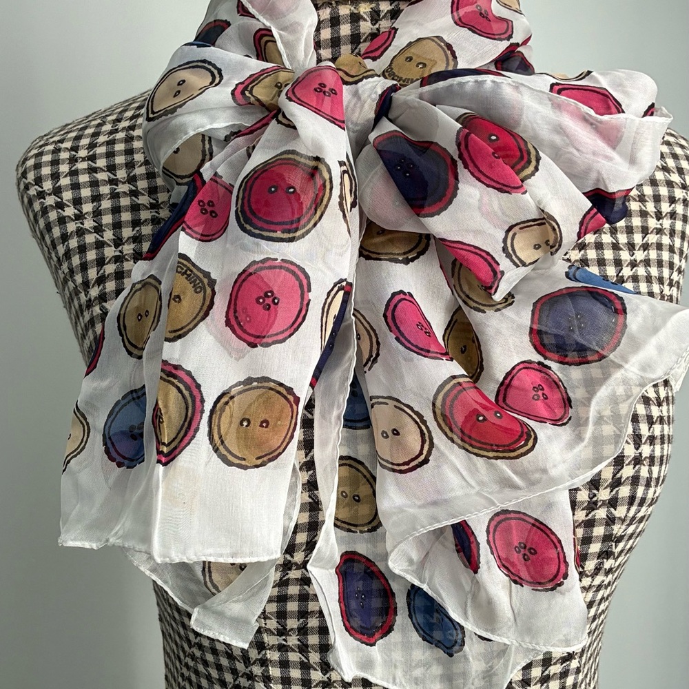 Moschino White Scarf with Colorful Button Print. NWT